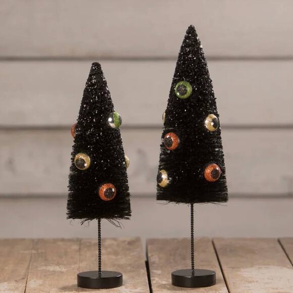 Bethany Lowe Black Bottle Brush Eerie Eyeball Trees Set of 2 New Halloween - Picture 1 of 1